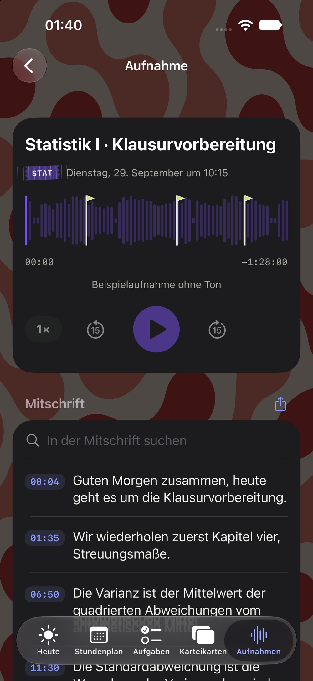 Aufnahme mit drei Klausur-Hinweisen auf der Wellenform