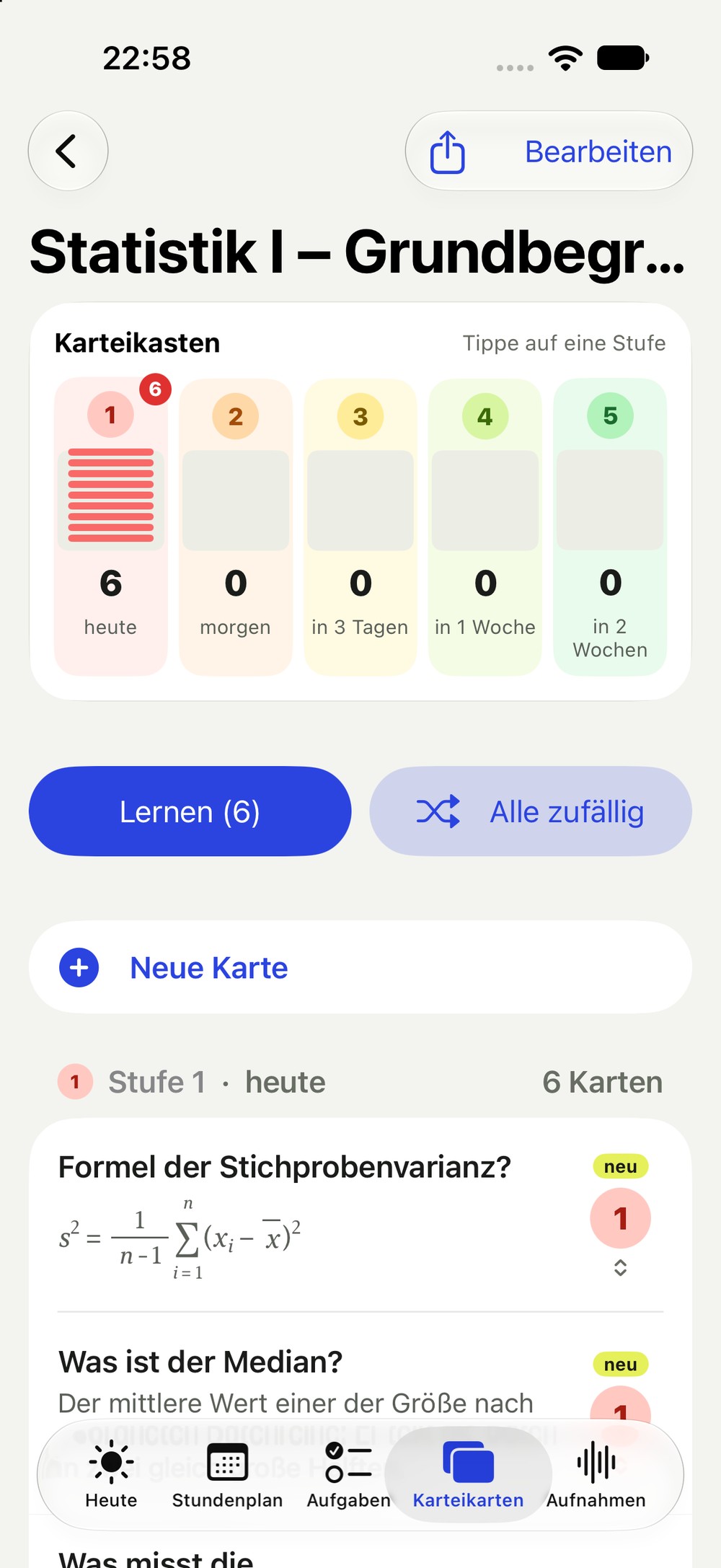 Karteikasten mit fünf Stufen
