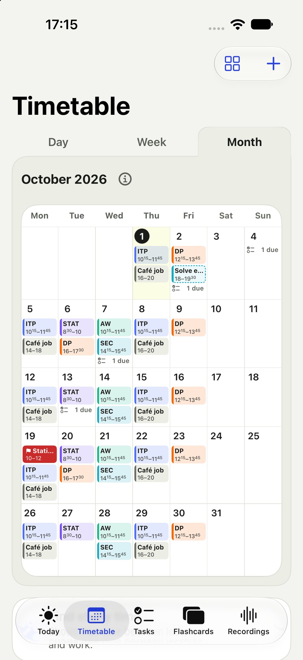 Month view with all sessions and times