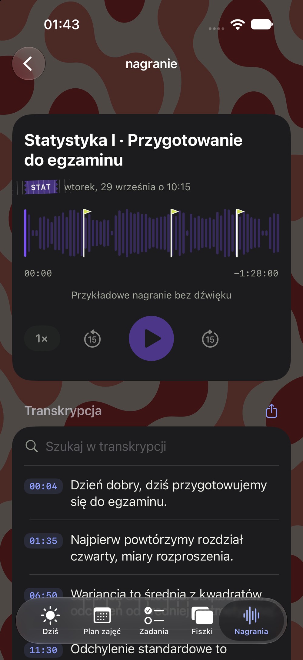 Nagranie z trzema znacznikami egzaminu na wykresie